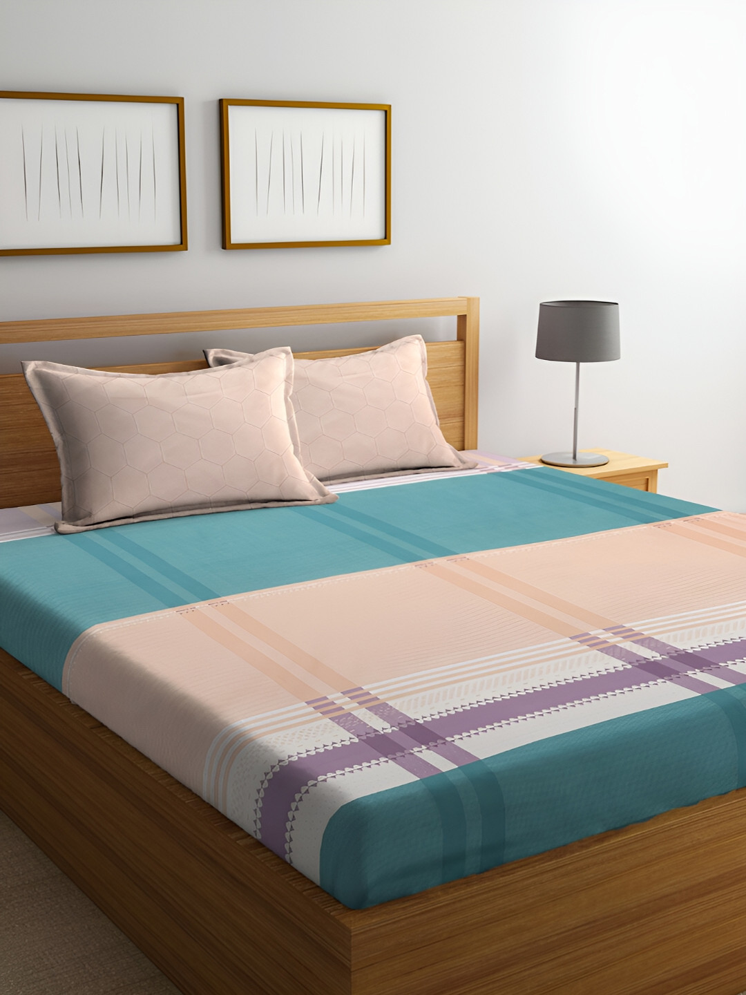 

Miaz Lifestyle Blue & Peach Geometric Cotton 210 TC Queen Bedsheet With 2 Pillow Covers