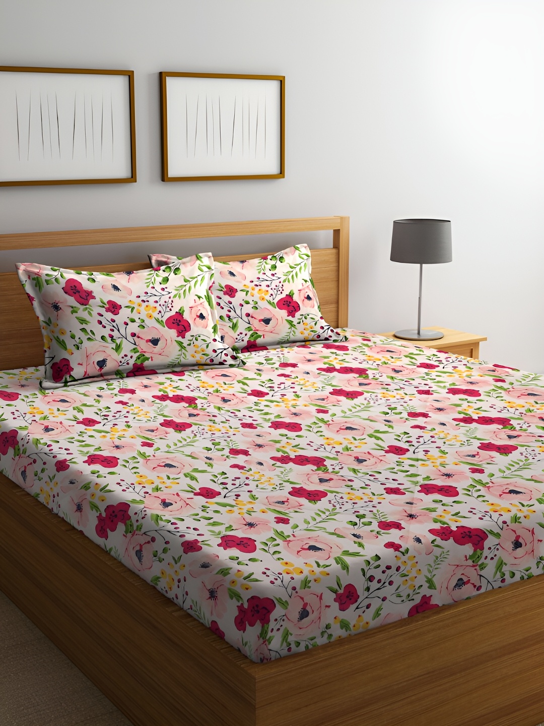 

Miaz Lifestyle White & Pink Printed Cotton 210 TC Queen Bedsheet With 2 Pillow Covers