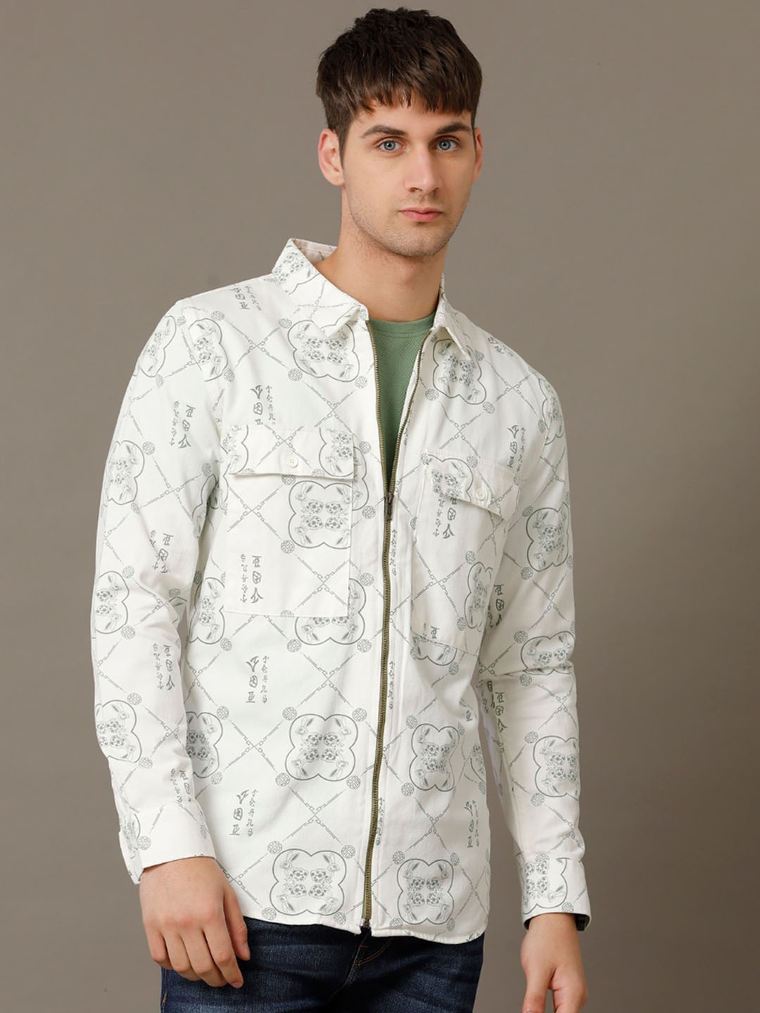 

Voi Jeans Conversational Printed Spread Collar Twill Cotton Shacket, White
