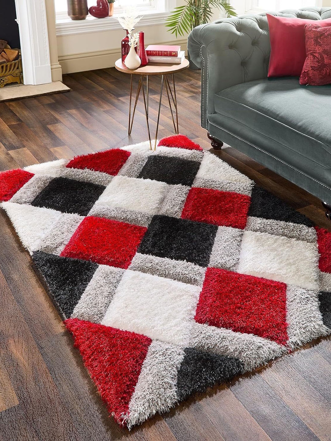 

SR Handloom Red & White Geometric Shaggy Carpet