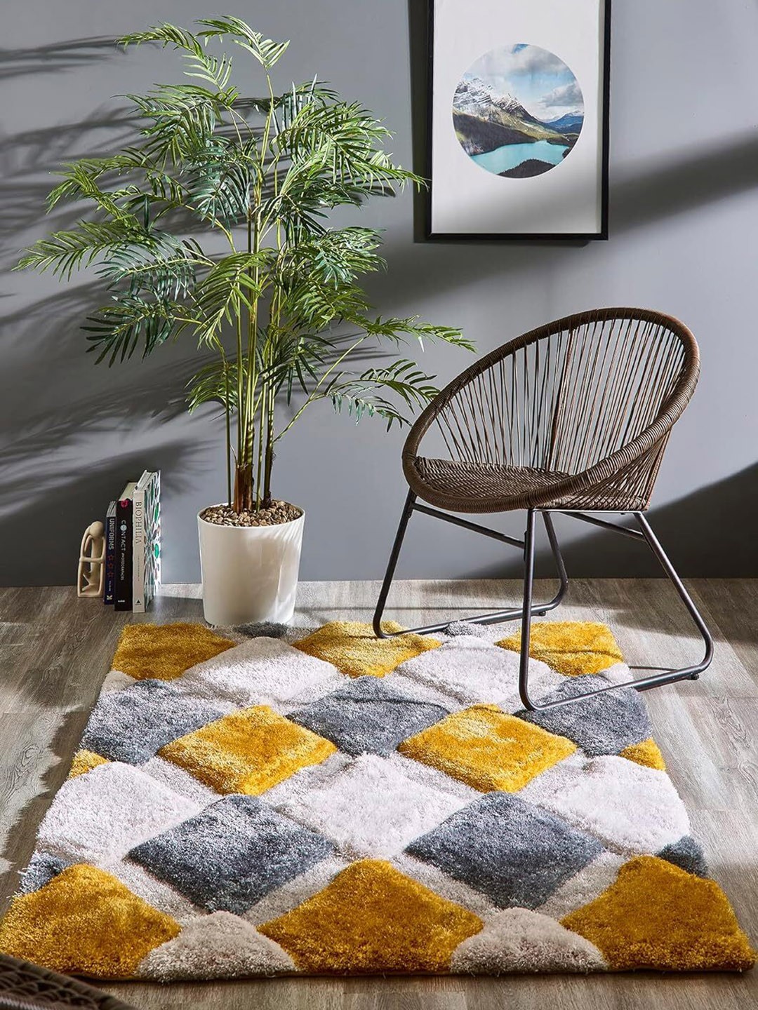 

SR Handloom Yellow & Grey Geometric Printed Rectangle Shaped Anti-Skid Carpet