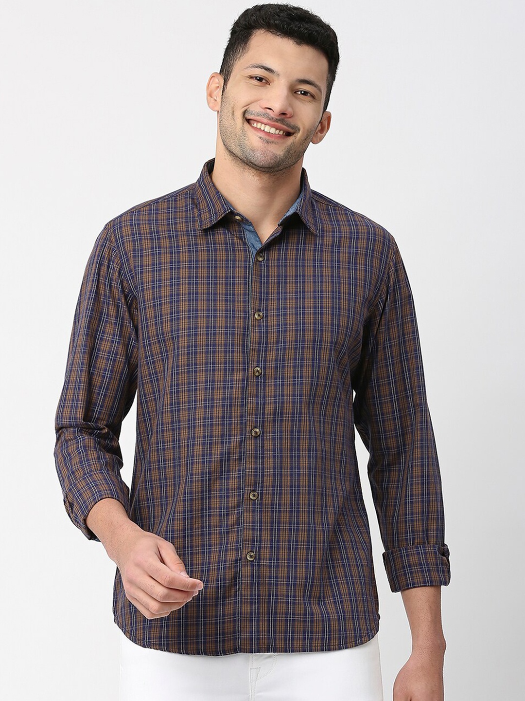 

SNX Tailored Fit Checked Cotton Casual Shirt, Navy blue