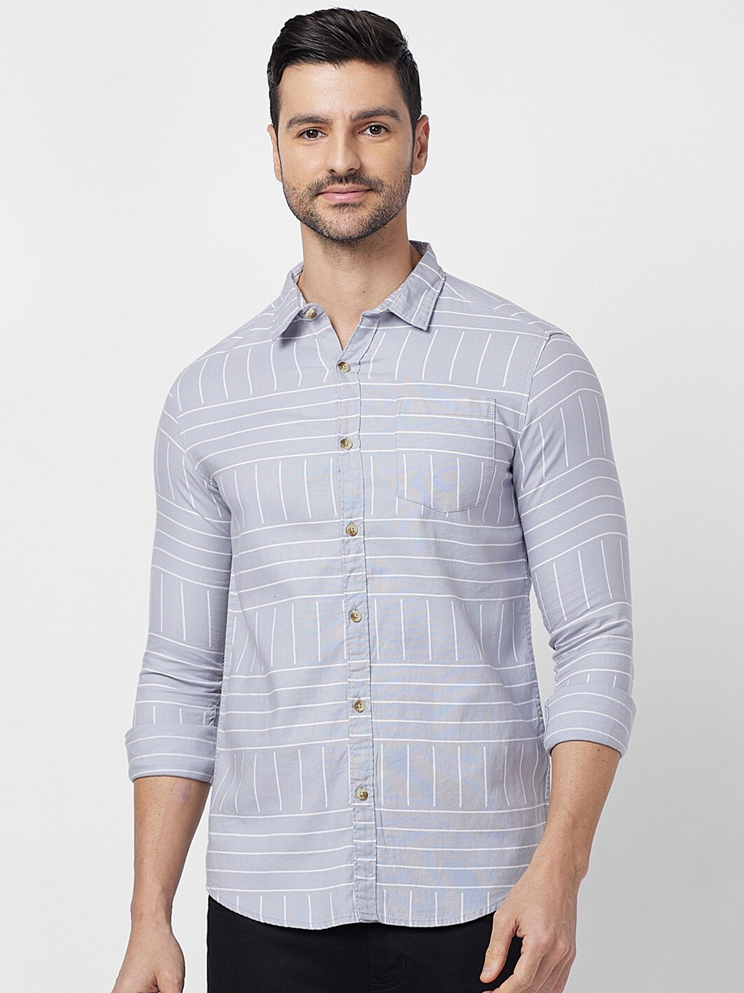 

SNX Tailored Fit Horizontal Striped Printed Cotton Casual Shirt, Blue