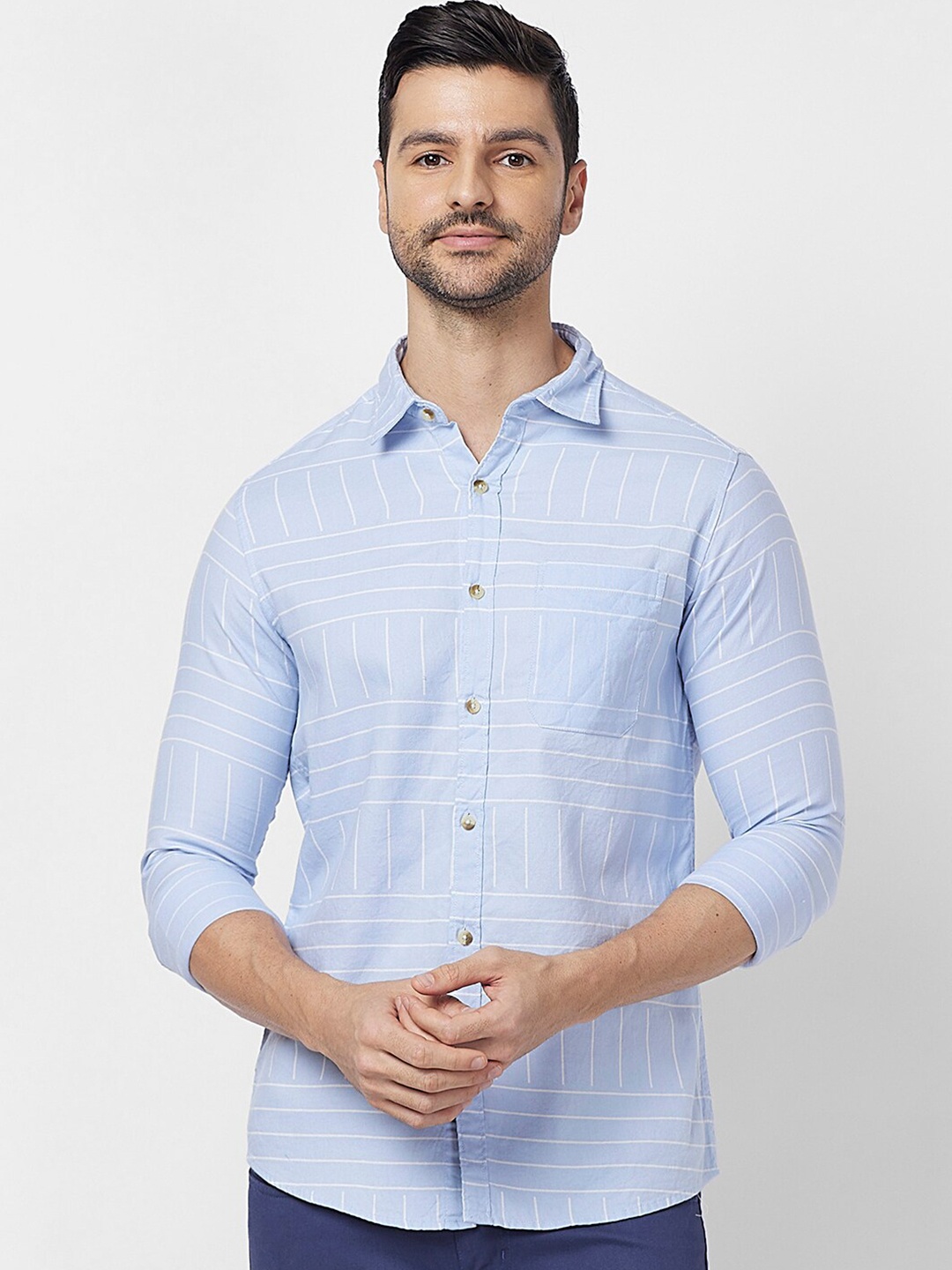 

SNX Tailored Fit Horizontal Striped Printed Cotton Casual Shirt, Grey
