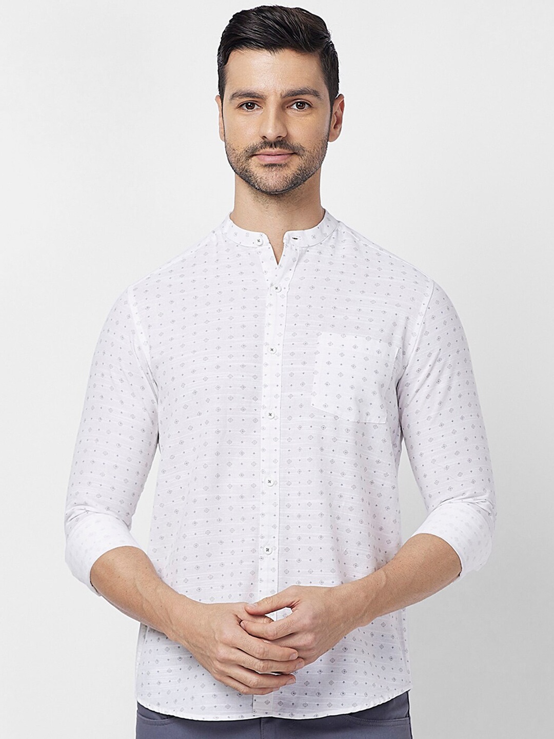 

SNX Men Tailored Fit Micro Ditsy Printed Mandarin Collar Casual Shirt, White