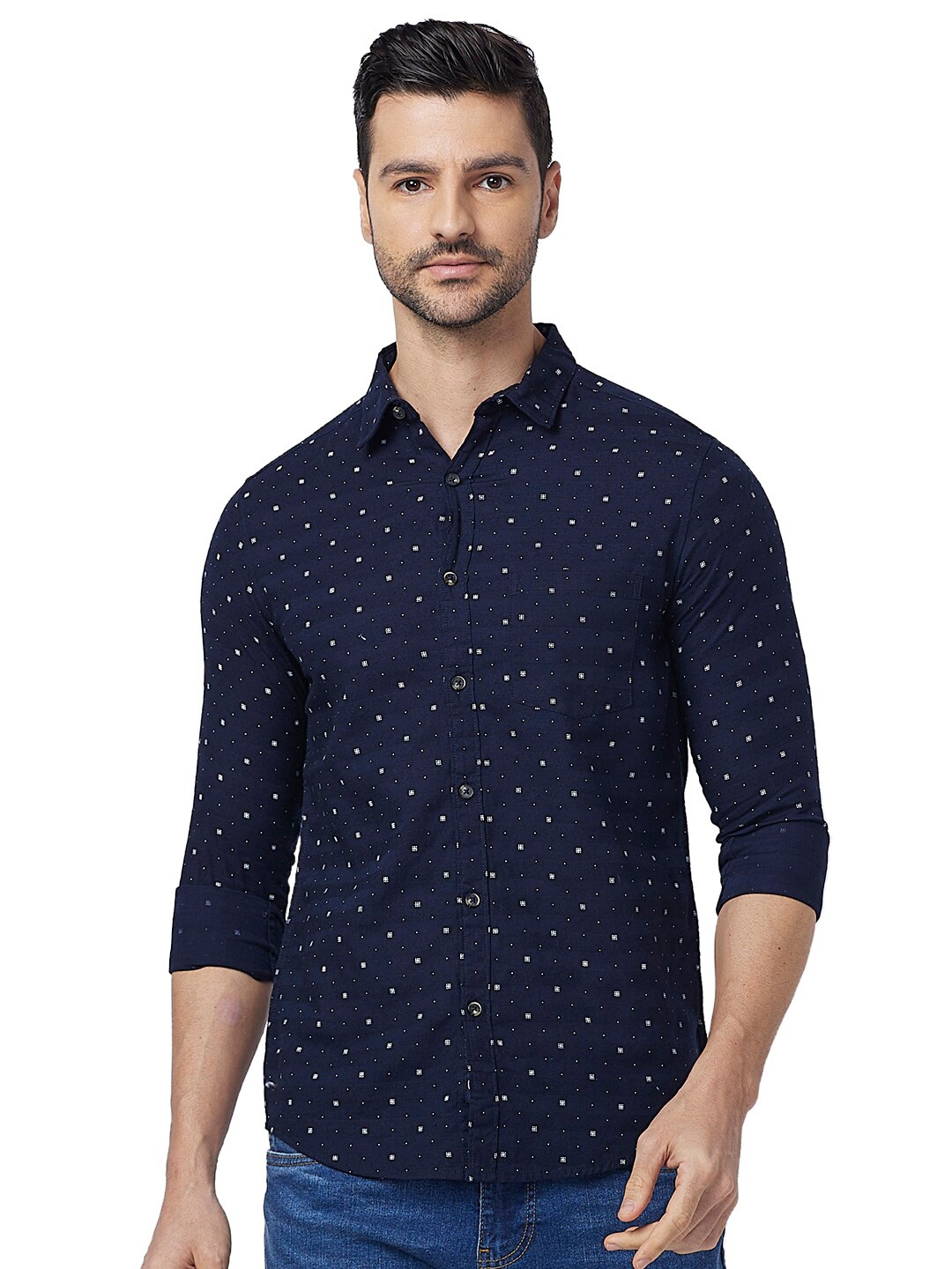 

SNX Tailored Fit Micro Ditsy Printed Spread Collar Casual Shirt, Navy blue