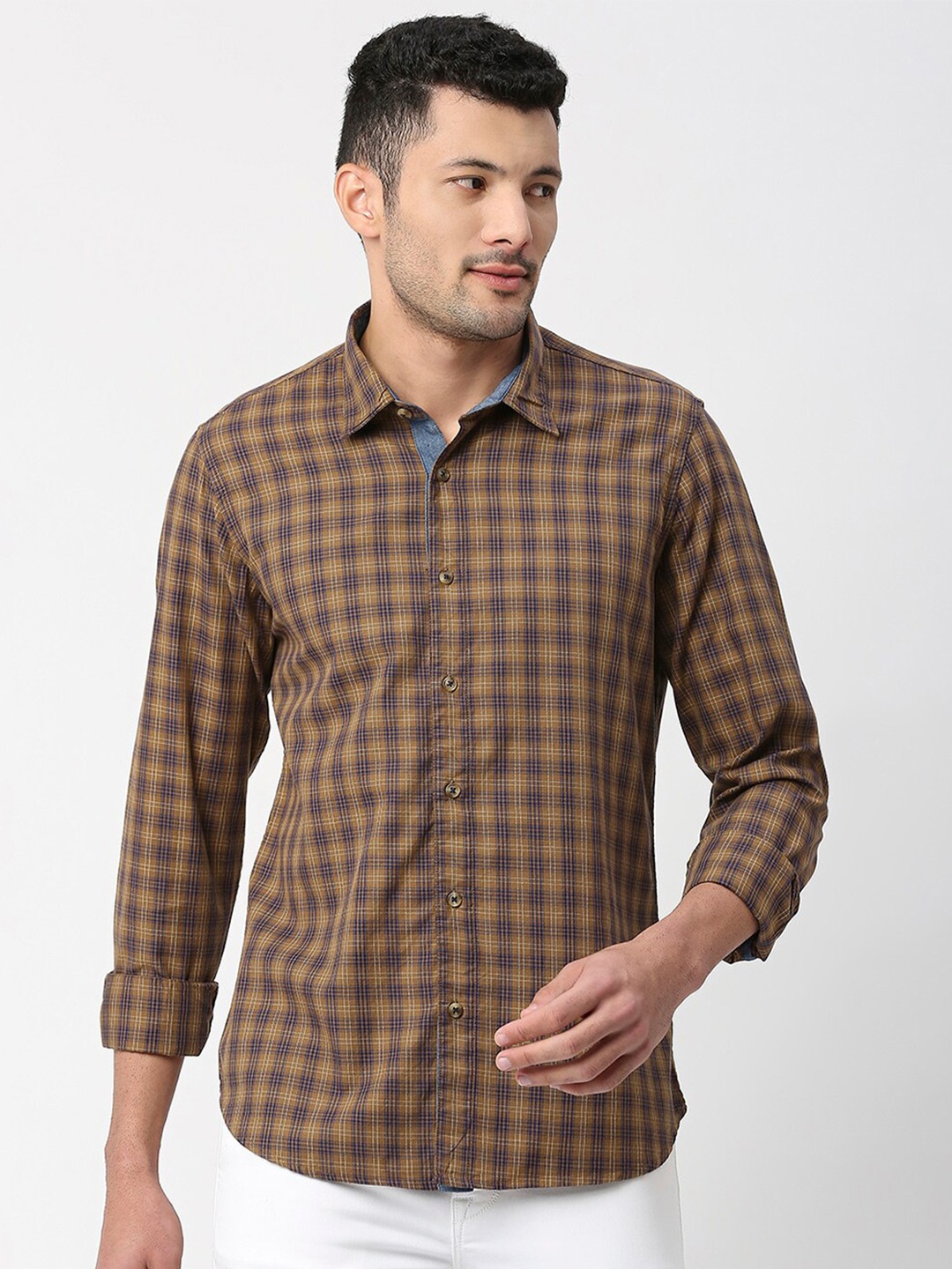 

SNX Men Tailored Fit Checked Cotton Casual Shirt, Khaki