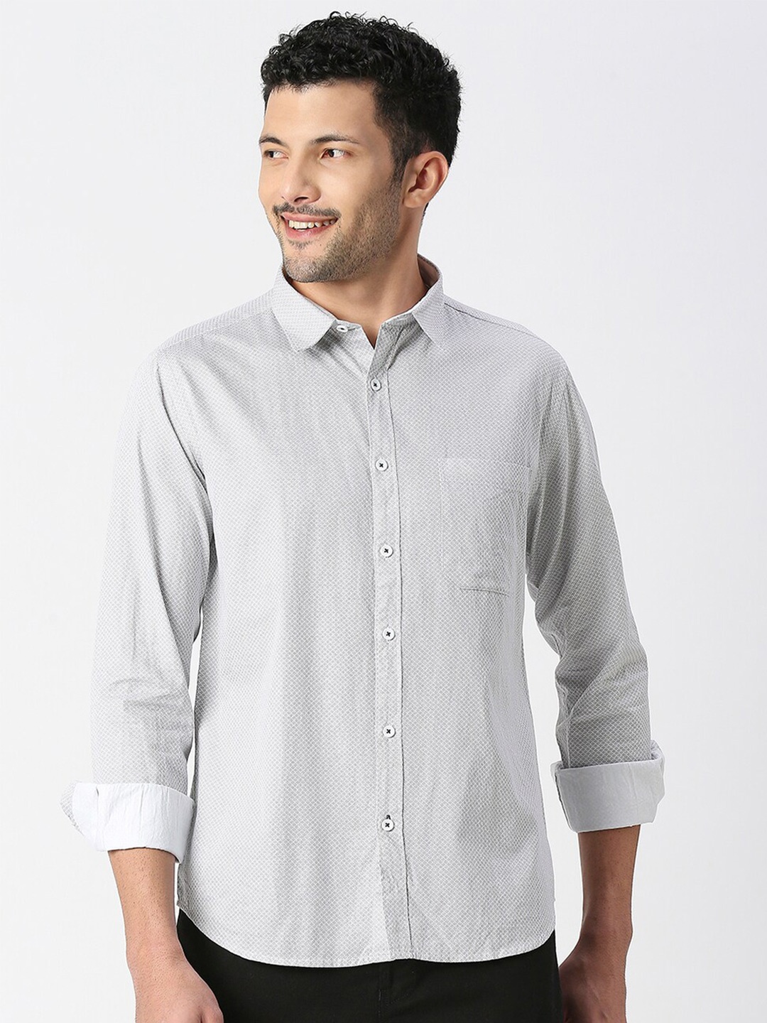 

SNX Tailored Fit Micro Ditsy Printed Spread Collar Cotton Casual Shirt, Grey