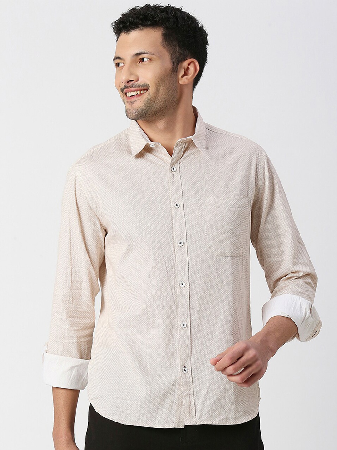 

SNX Tailored Fit Micro Ditsy Printed Spread Collar Cotton Casual Shirt, Beige