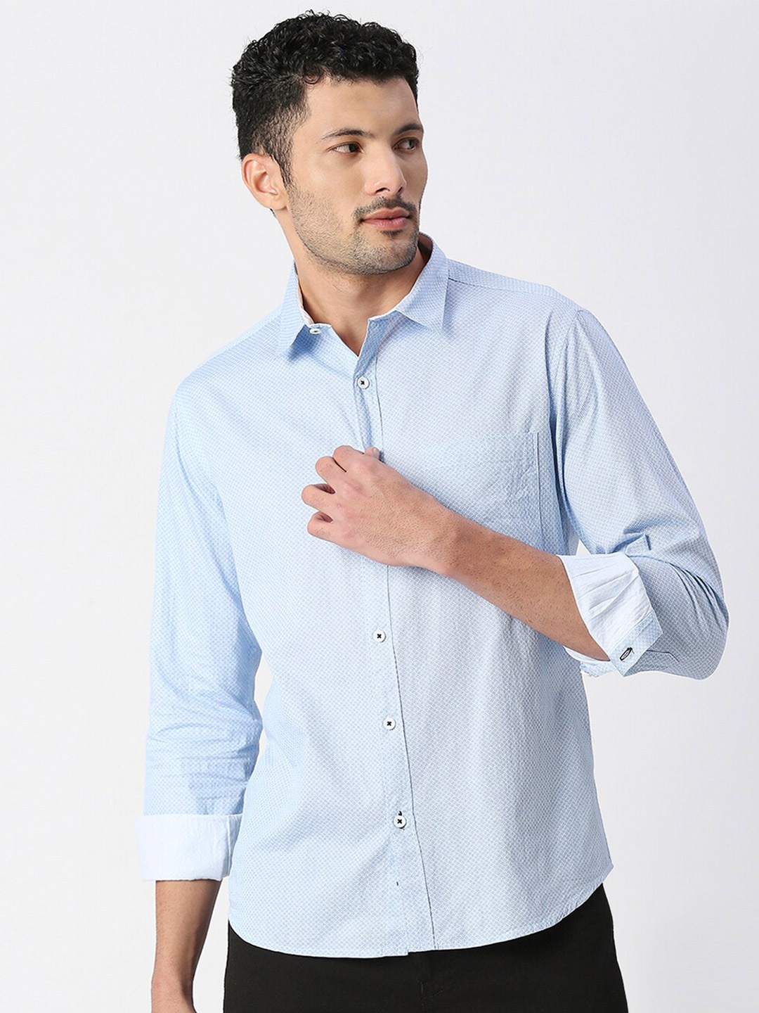 

SNX Tailored Fit Micro Ditsy Printed Spread Collar Cotton Casual Shirt, Blue