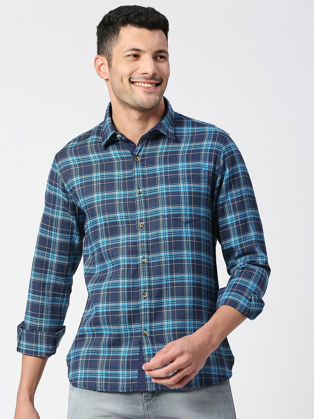 

SNX Tailored Fit Tartan Checks Long Sleeves Spread Collar Opaque Checked Casual Shirt, Navy blue