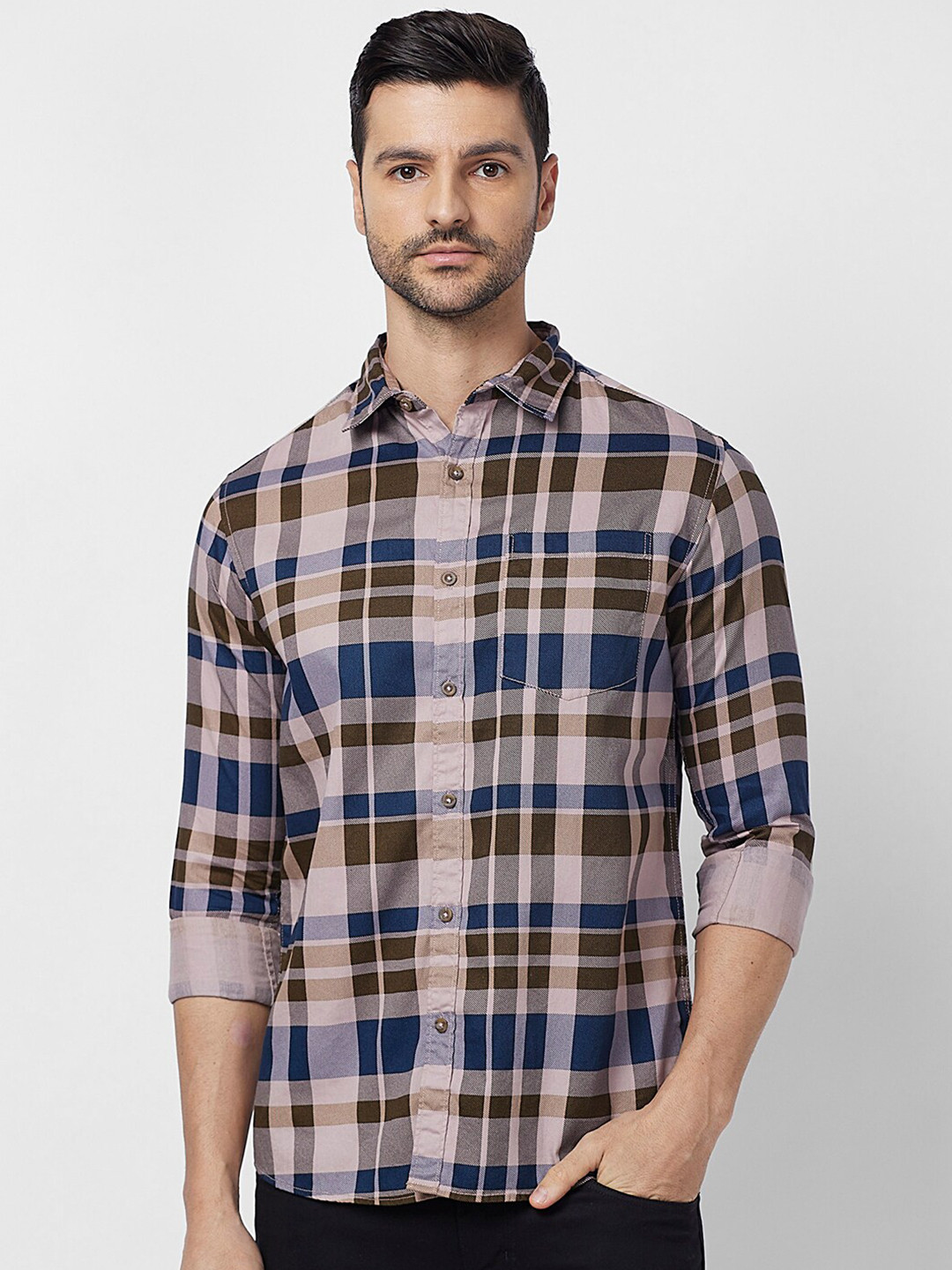 

SNX Tailored Fit Tartan Checks Long Sleeves Spread Collar Opaque Checked Casual Shirt, Grey
