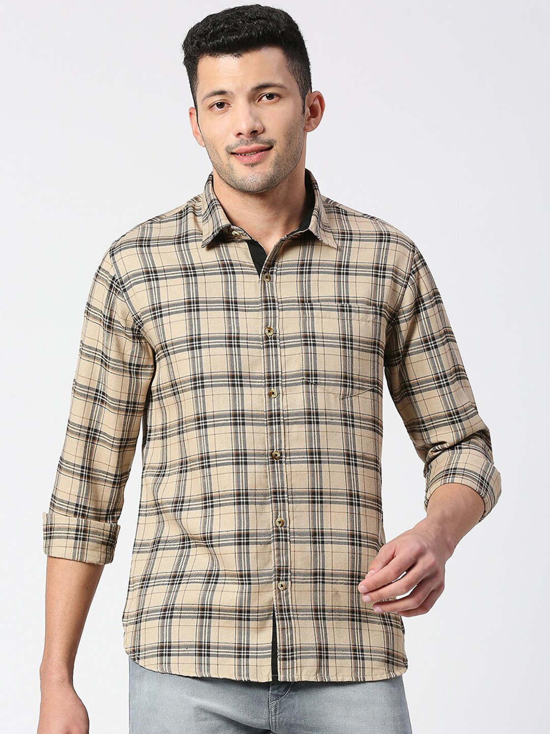 

SNX Tailored Fit Tartan Checks Long Sleeves Spread Collar Opaque Checked Casual Shirt, Beige