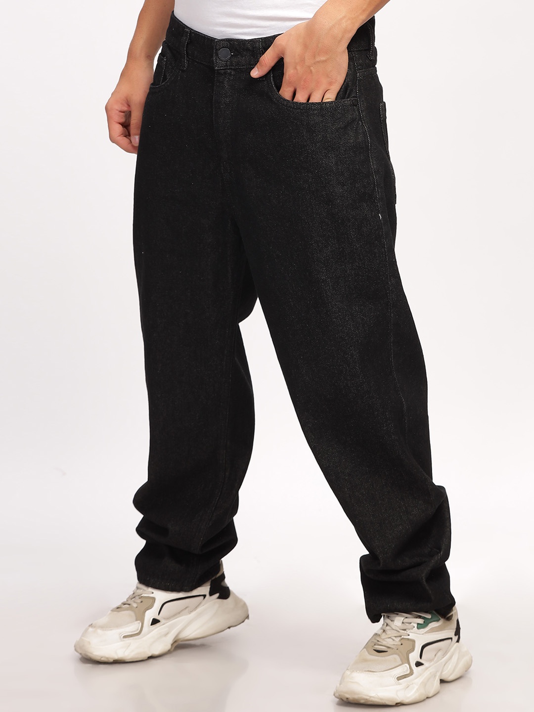 

HERE&NOW Men Baggy Fit Mid-Rise Loose Relaxed Fit Pure Cotton Jeans, Black