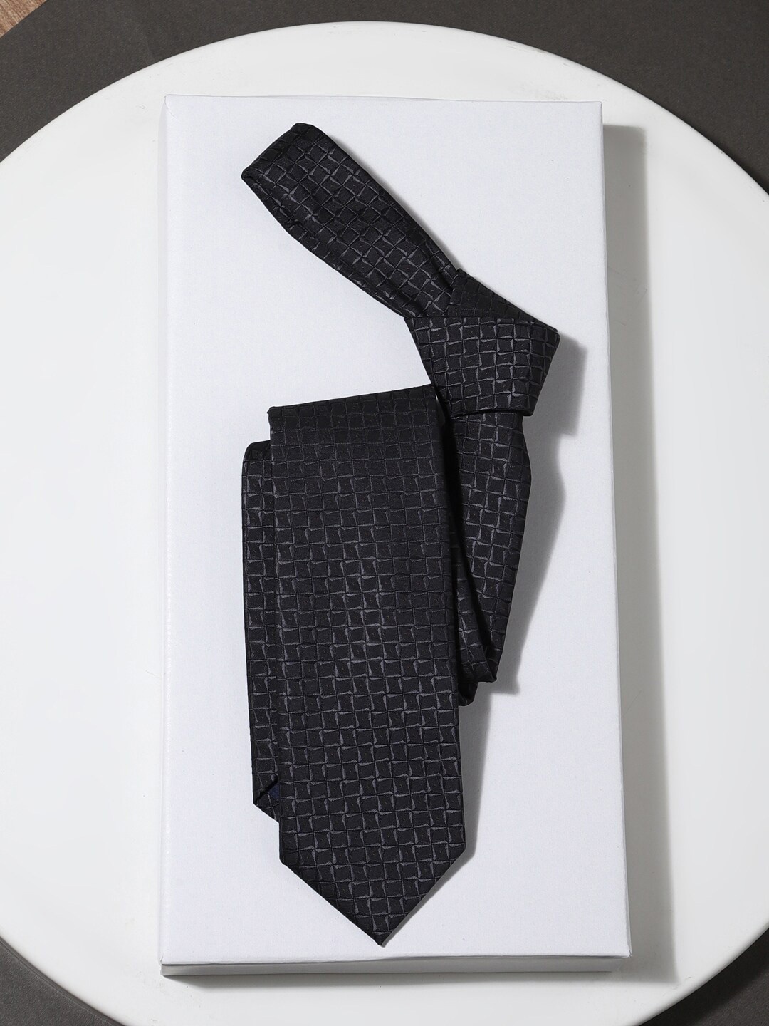 

Louis Philippe Men Woven Design Skinny Tie, Black