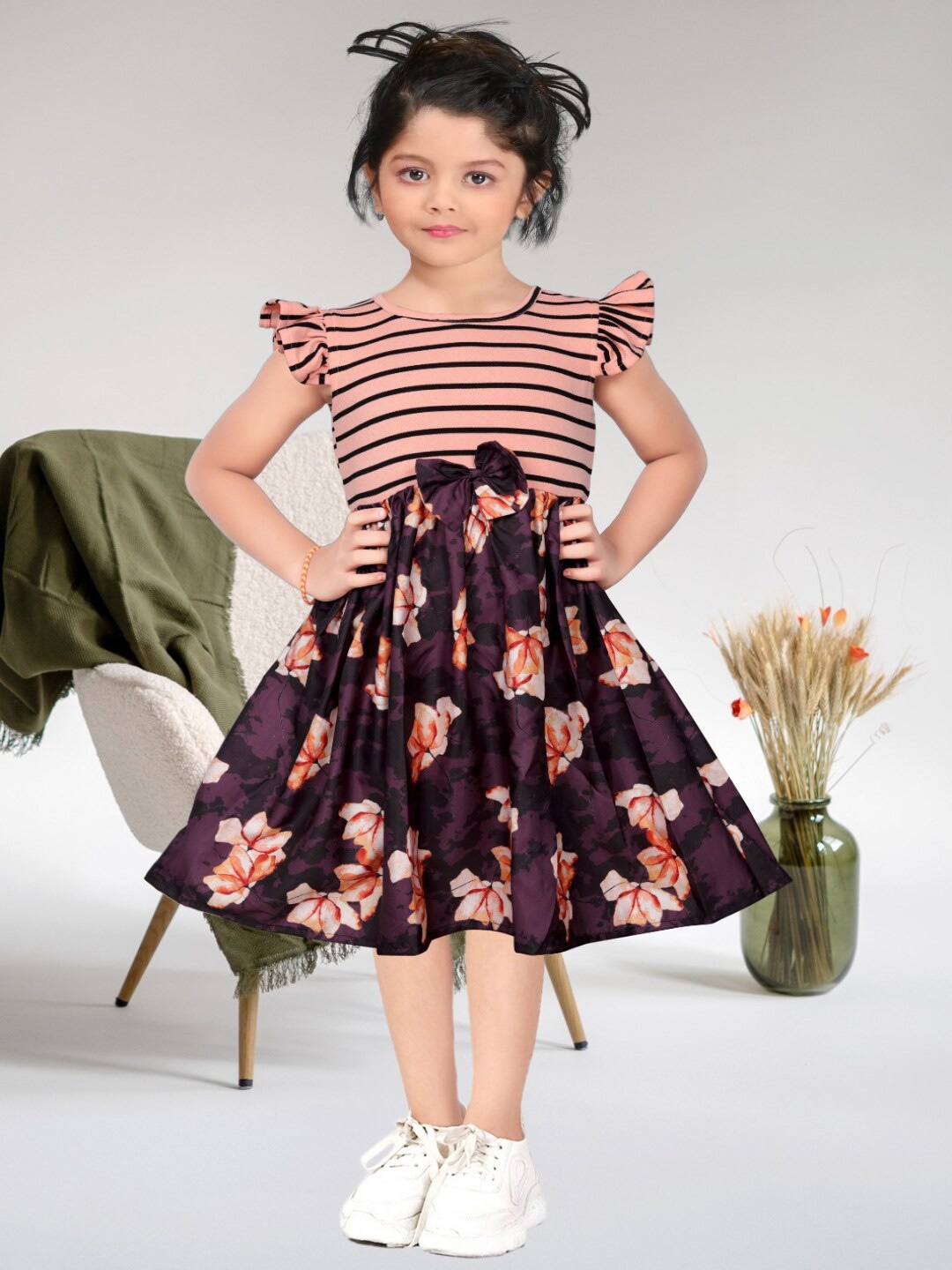

BAESD Girls Striped Printed Round Neck Flutter Sleeve Cotton Fit & Flare Dress, Brown