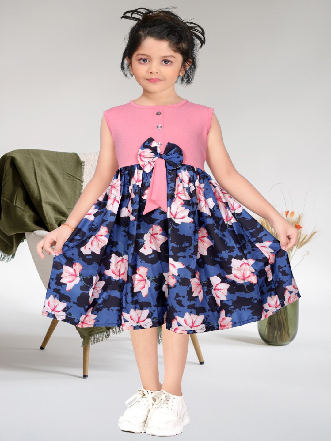 

BAESD Girls Floral Printed Bow Styling Fit and Flare Midi Dress, Pink
