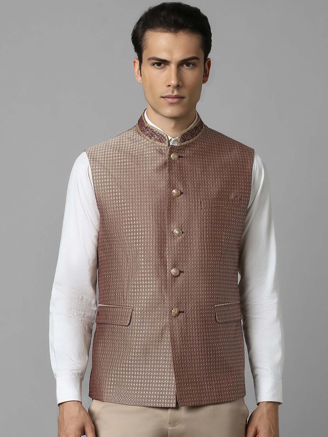 

Louis Philippe Slim Fit Woven Design Nehru Jacket, Brown
