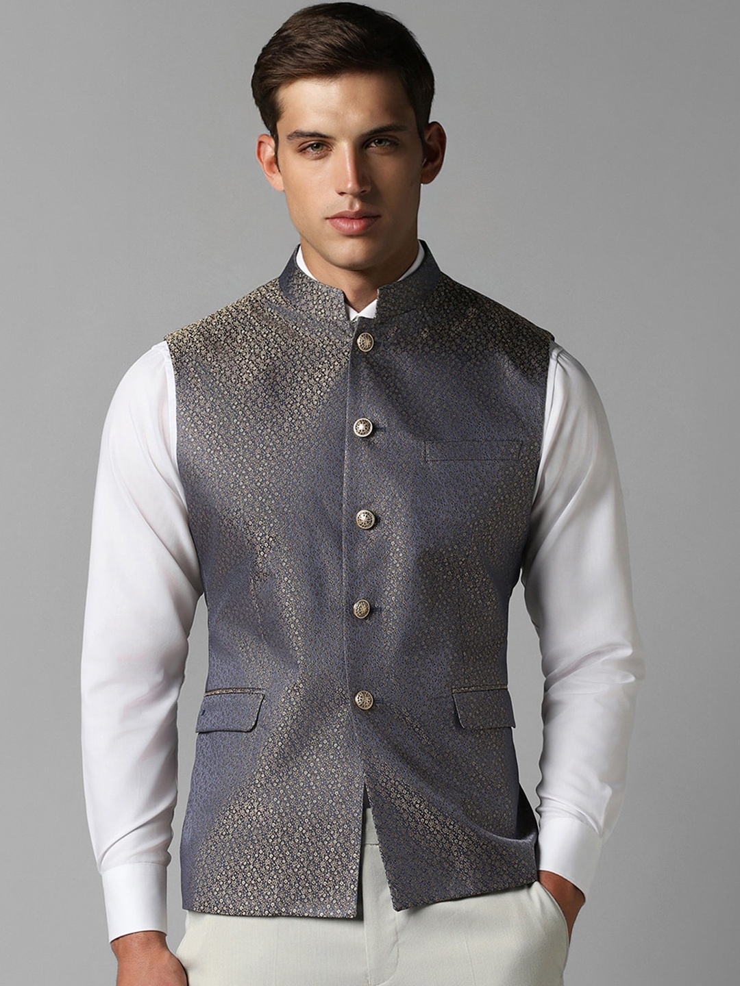 

Louis Philippe Printed Slim Fit Pure Wool Nehru Jacket, Grey