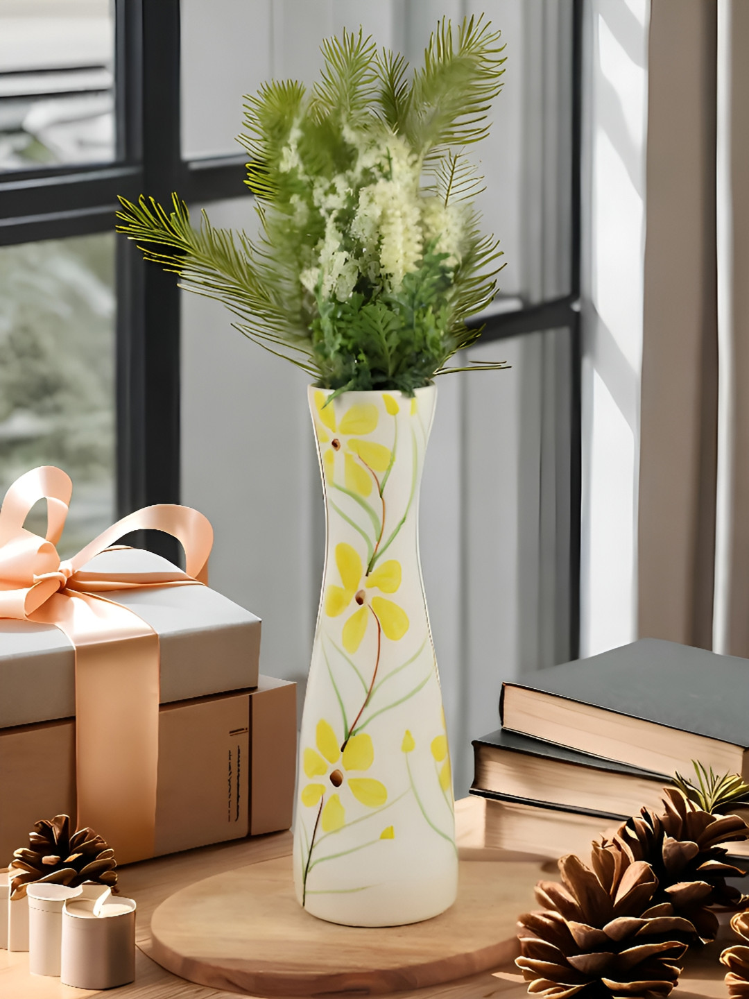 

Kaolinite White & Yellow Floral Printed Ceramic Flower Vase
