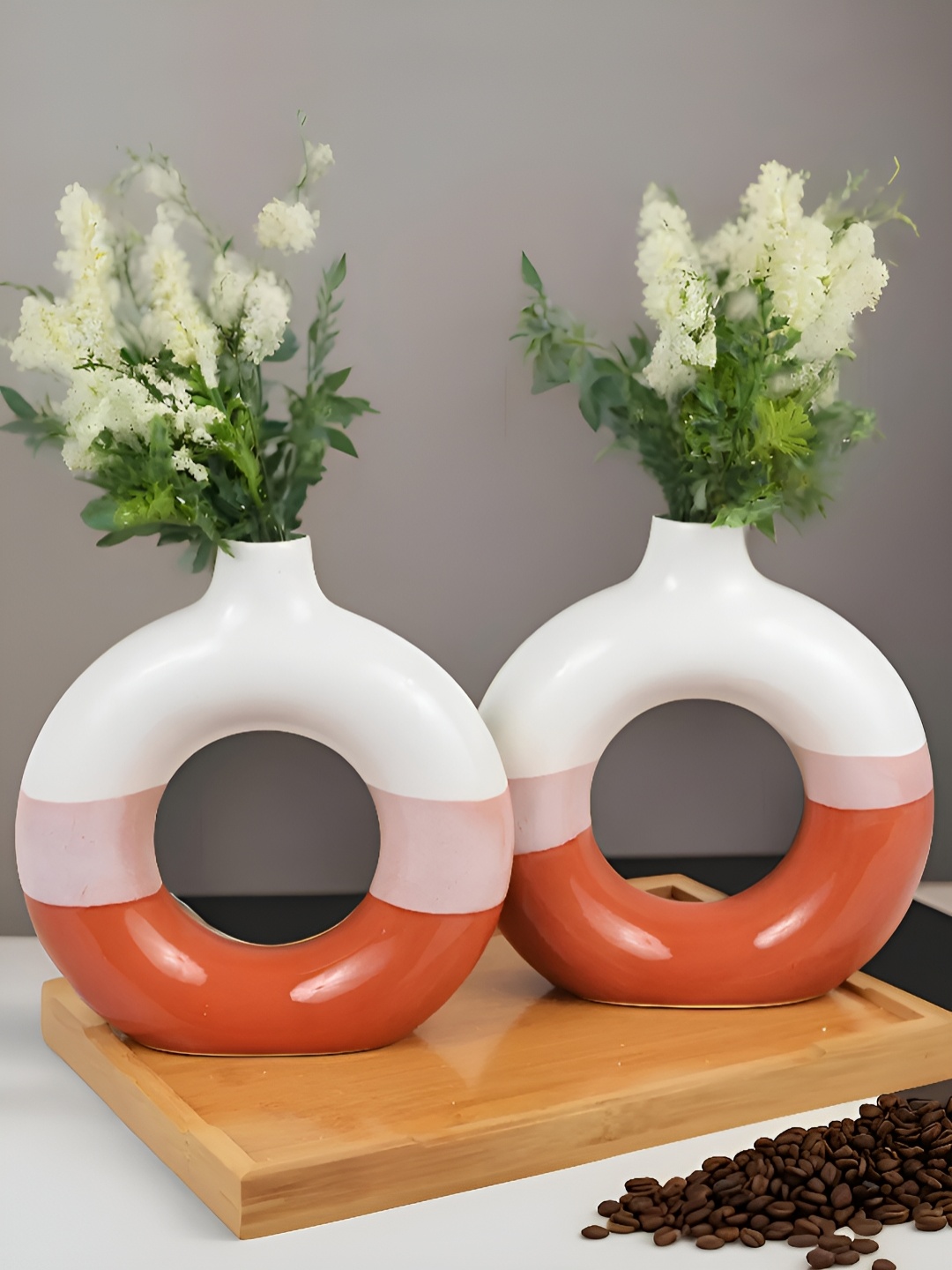 

Kaolinite Orange-Colored & White 2 Pieces Donut-Shaped Ceramic Flower Vase