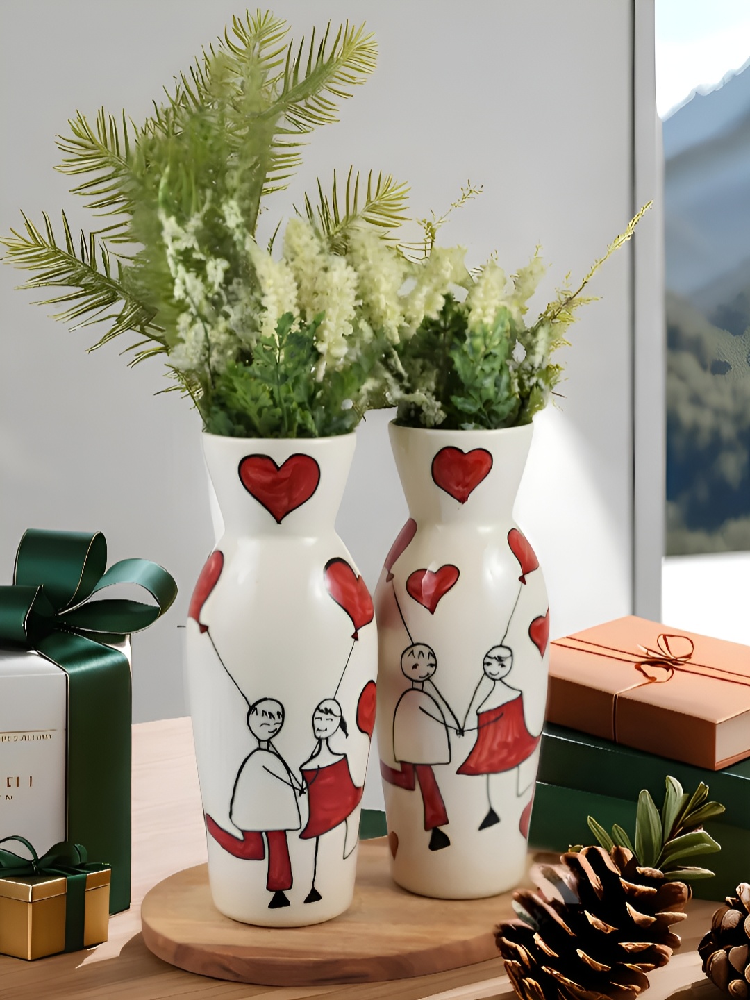 

Kaolinite White & Red 2 Pieces Printed Ceramic Flower Vase