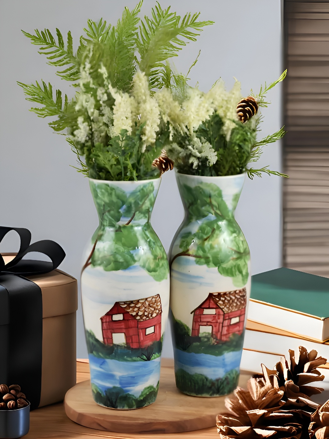 

Kaolinite Green & Blue 2 Pieces Village Home Design Ceramic Flower Vase, Multi