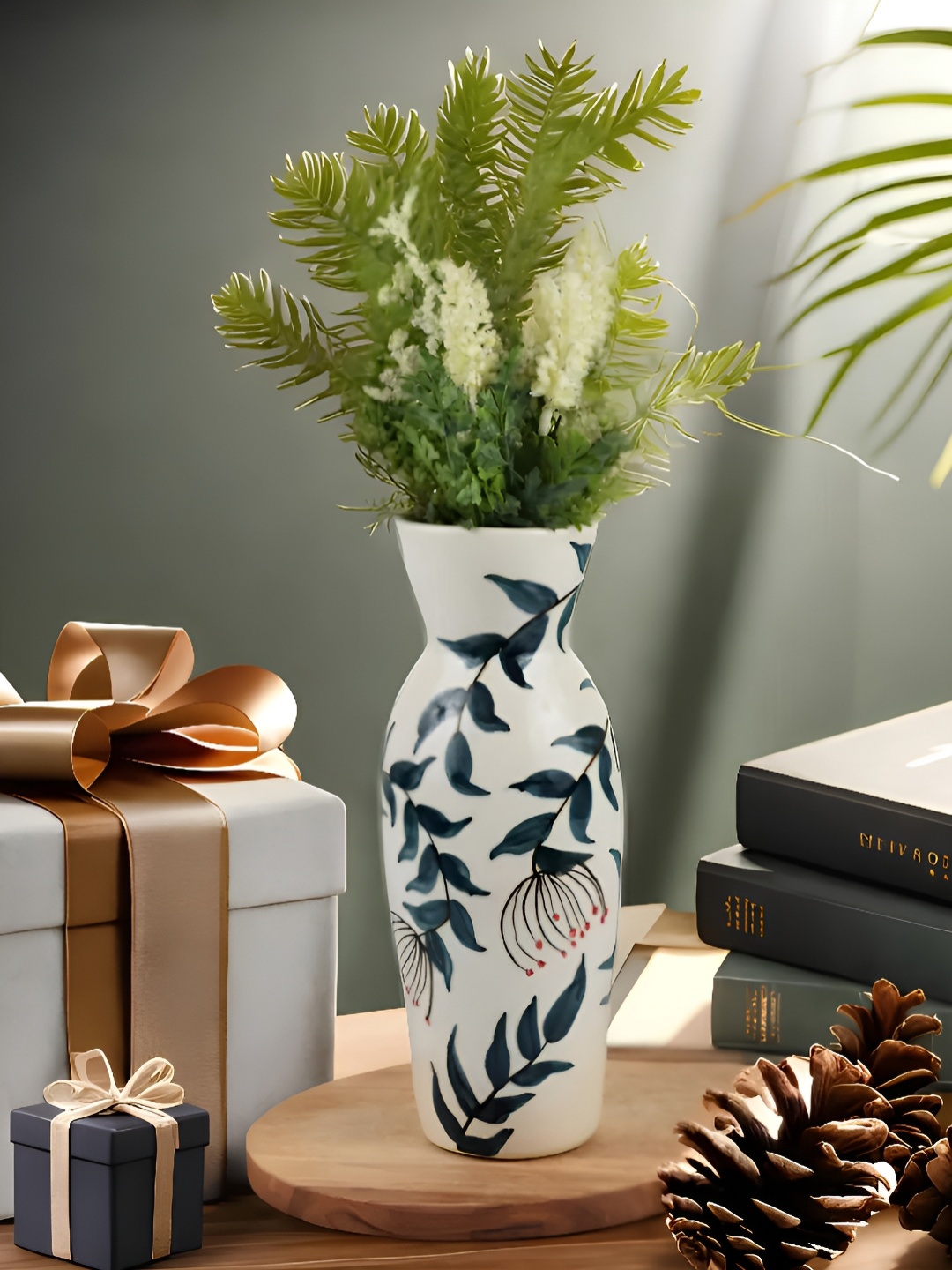 

Kaolinite Premium White & Blue Floral Printed Ceramic Flower Vase