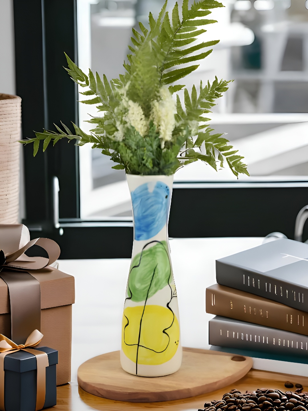 

Kaolinite Off-White & Blue Abstract Printed Ceramic Flower Vase