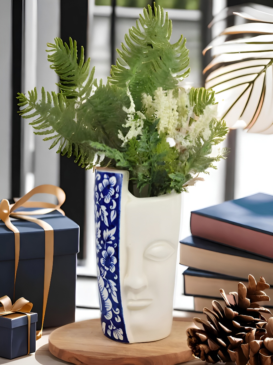 

Kaolinite Premium Blue & White Textured Floral Printed Ceramic Flower Vase
