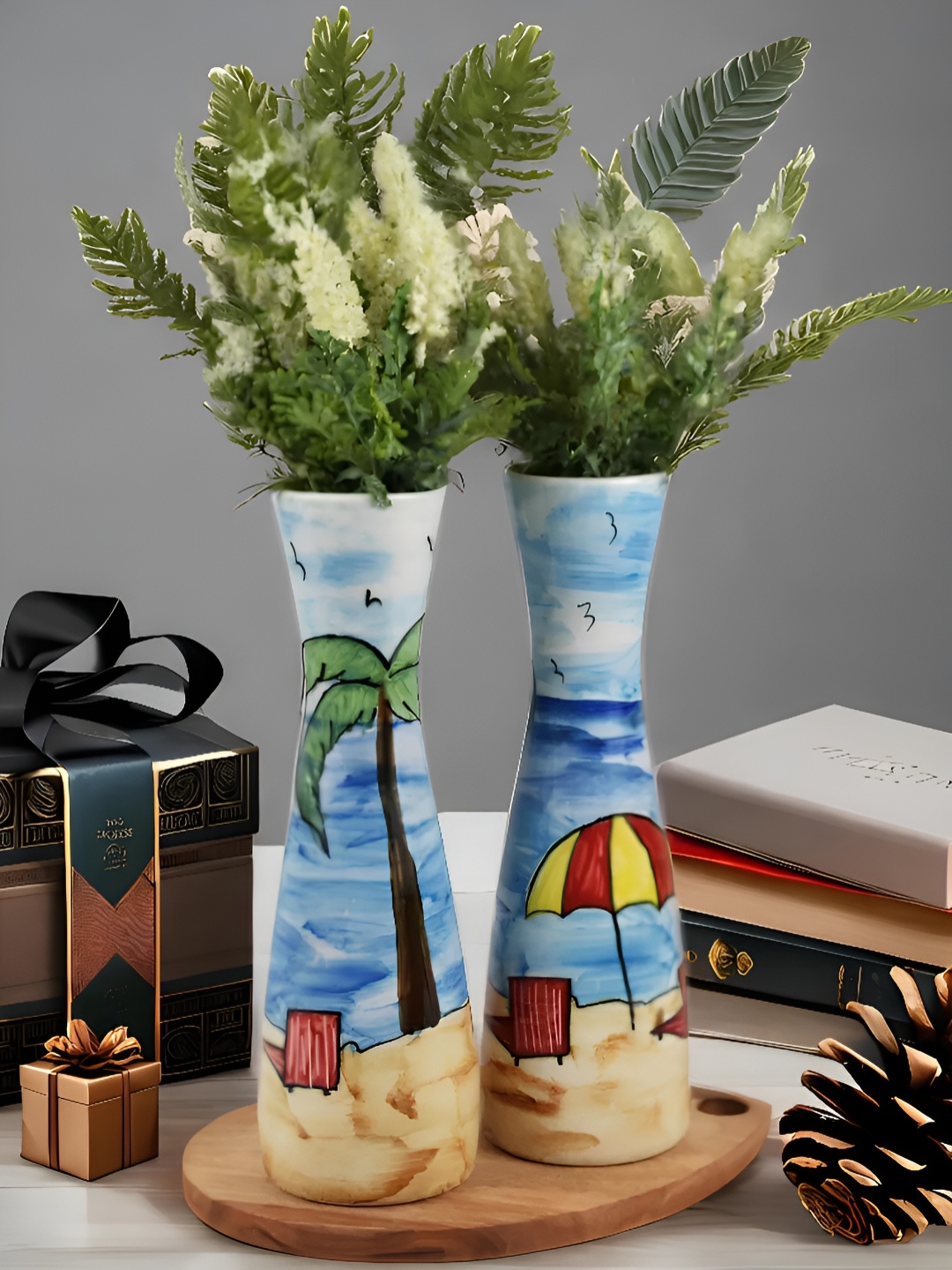 

Kaolinite Set Of 2 Blue & Green Beach House Design Ceramic Flower Vase