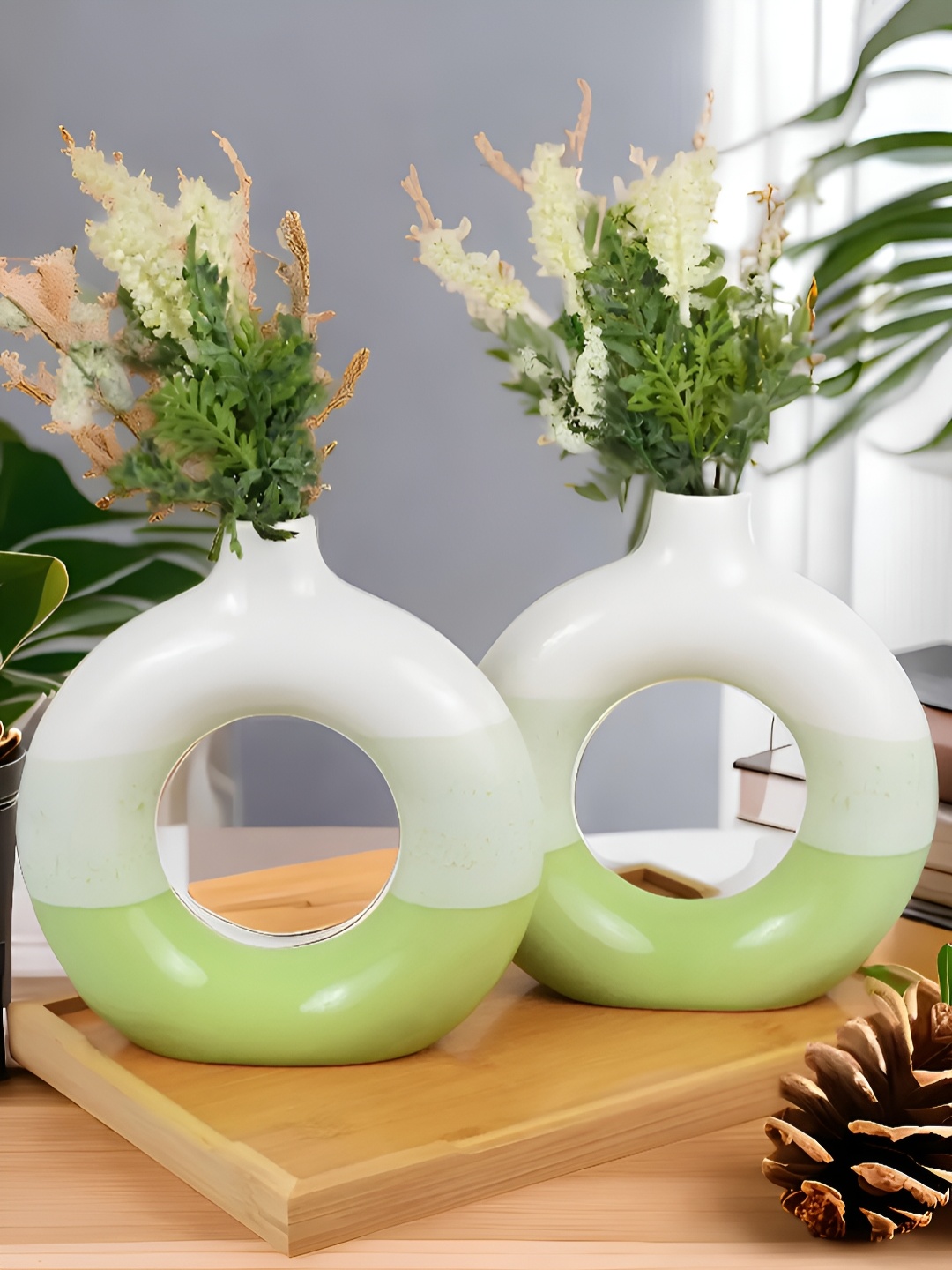 

Kaolinite Lime Green 2 Pieces Donut Shape Ceramic Vases