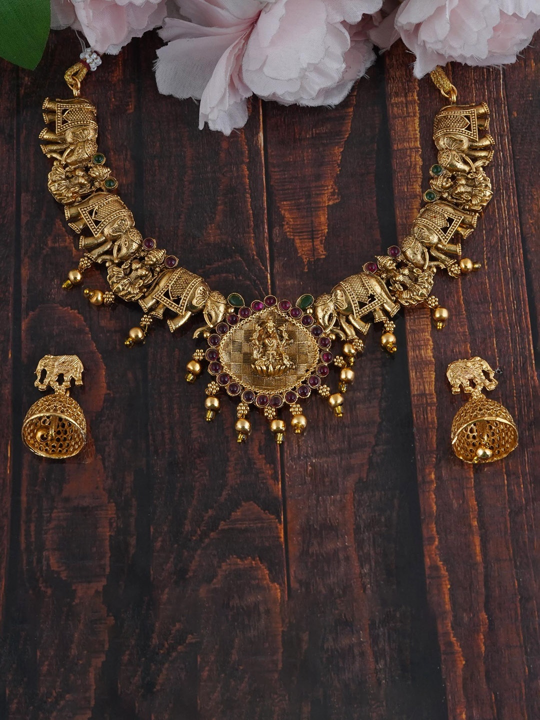 

MANSIYAORANGE Gold Plated Beads Beaded Temple Jewellery Set