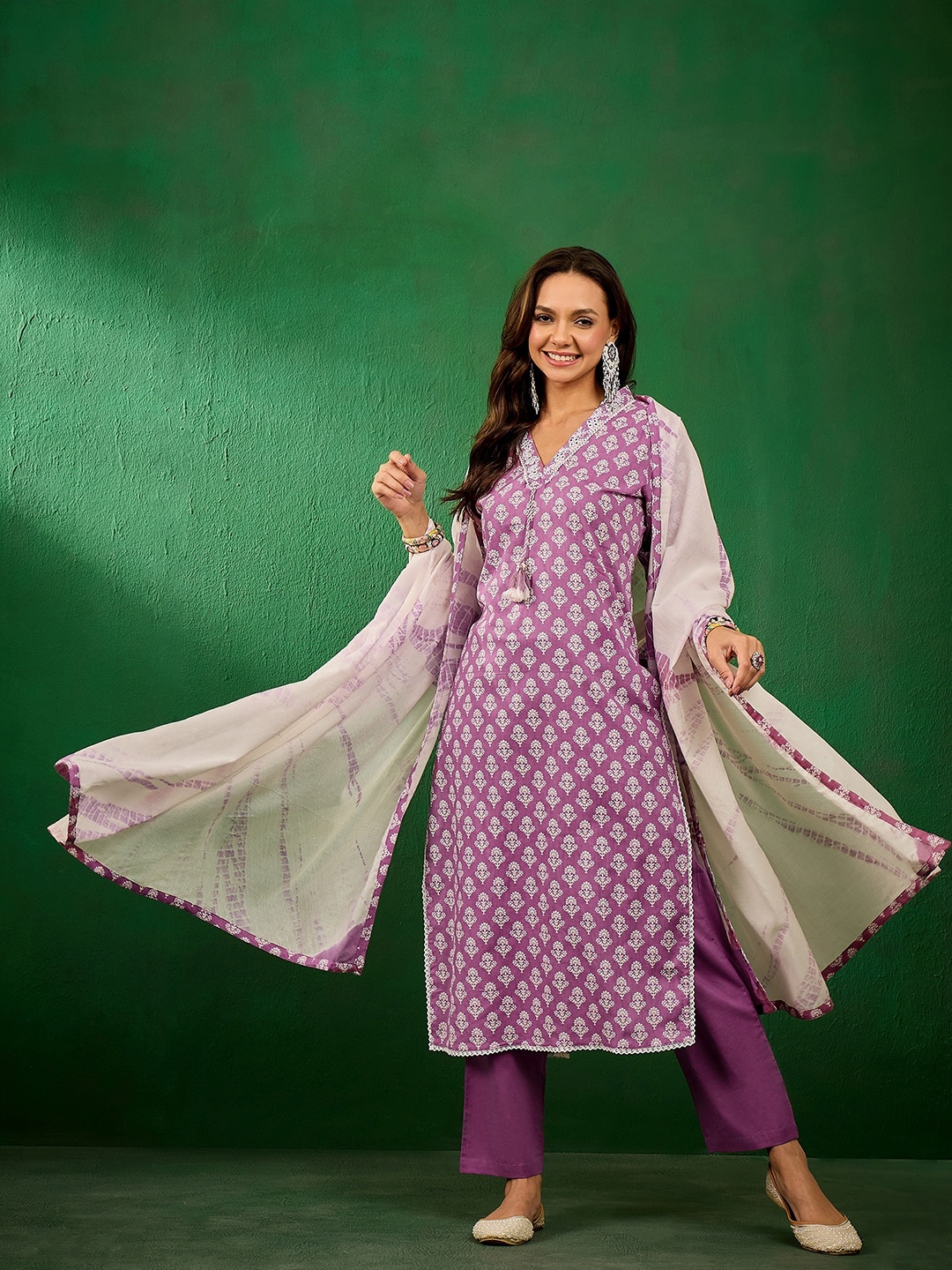 

Vastramyaa Ethnic Motifs Printed Mirror Work Cotton Straight Kurta with Trouser & Dupatta, Purple