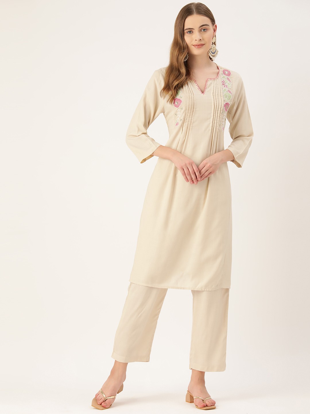 

MISRI Women Floral Embroidered Thread Work Pure Cotton Kurta with Trousers, Beige