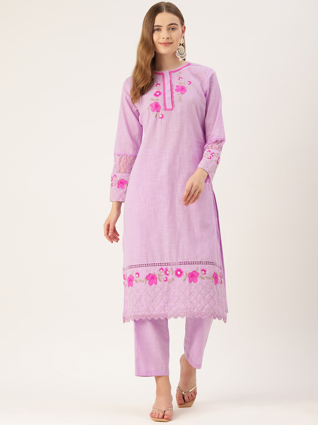 

MISRI Women Floral Embroidered Pure Cotton Kurta with Trousers, Purple