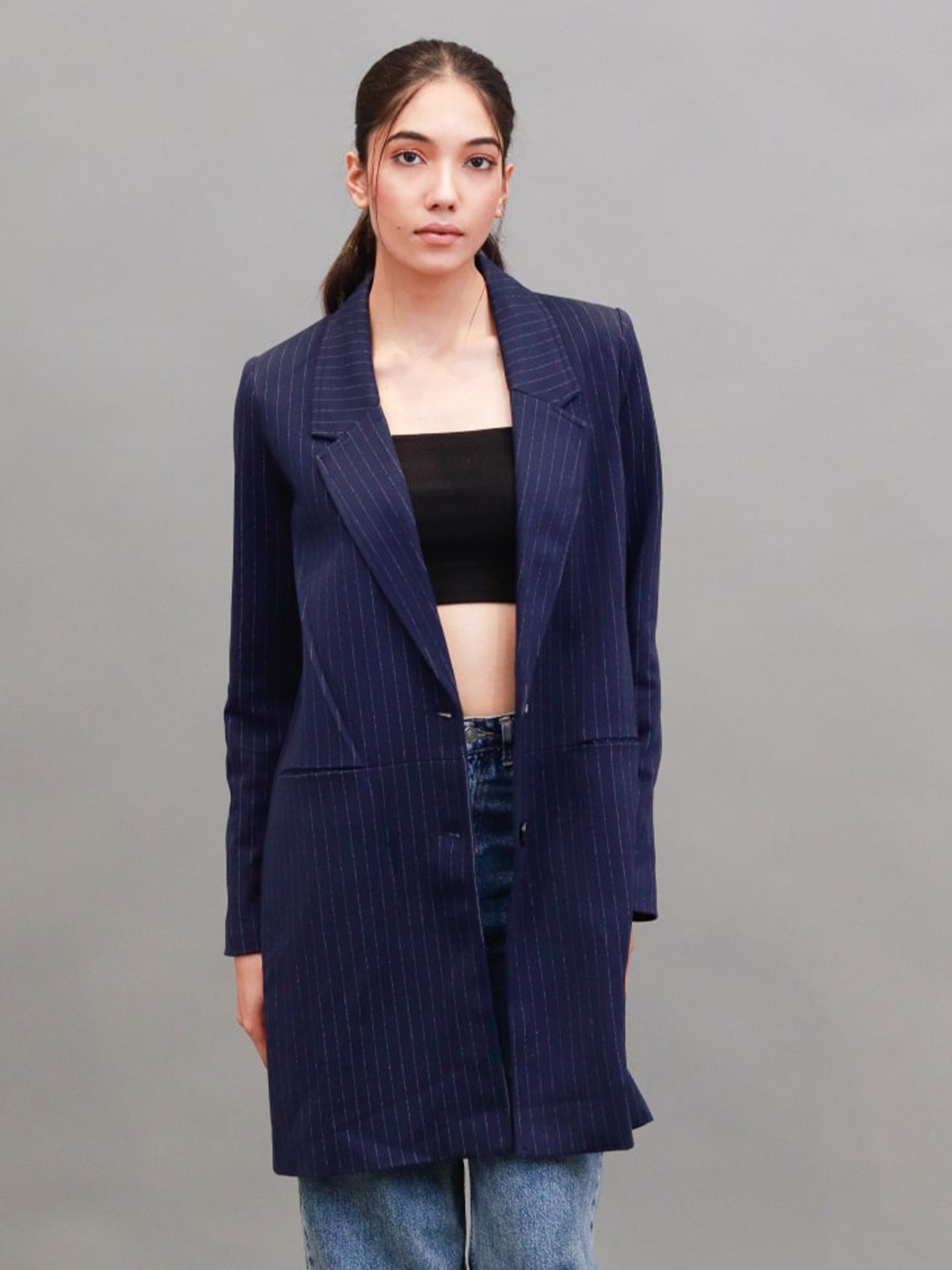 

NoBarr Striped Single Breasted Longline Overcoat, Navy blue