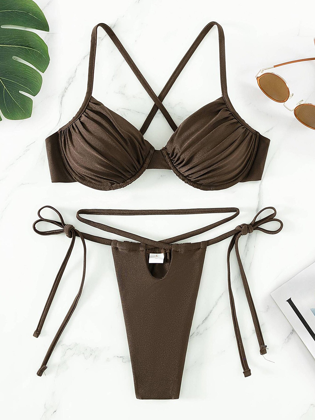 

LULU & SKY Shirred Strappy Swim Bikini Set, Coffee brown