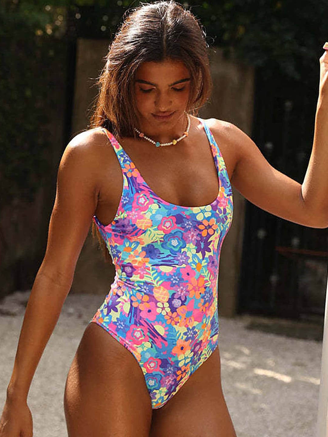 

LULU & SKY Floral Printed Low-Cut Back Swim Bodysuit, Purple
