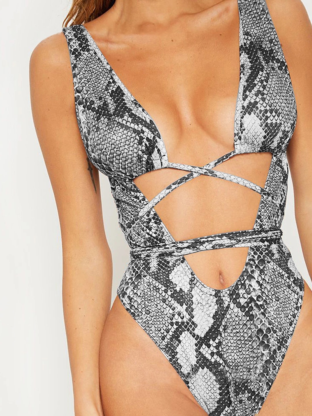 

LULU & SKY Animal Skin Printed Tie-Up Bodysuit, Grey