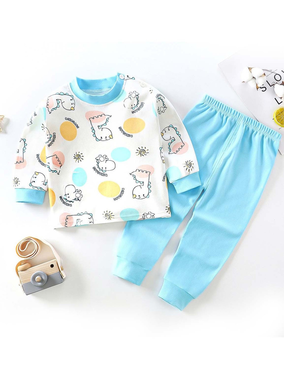 

bubble berry Kids Printed Pure Cotton Night Suit, Turquoise blue