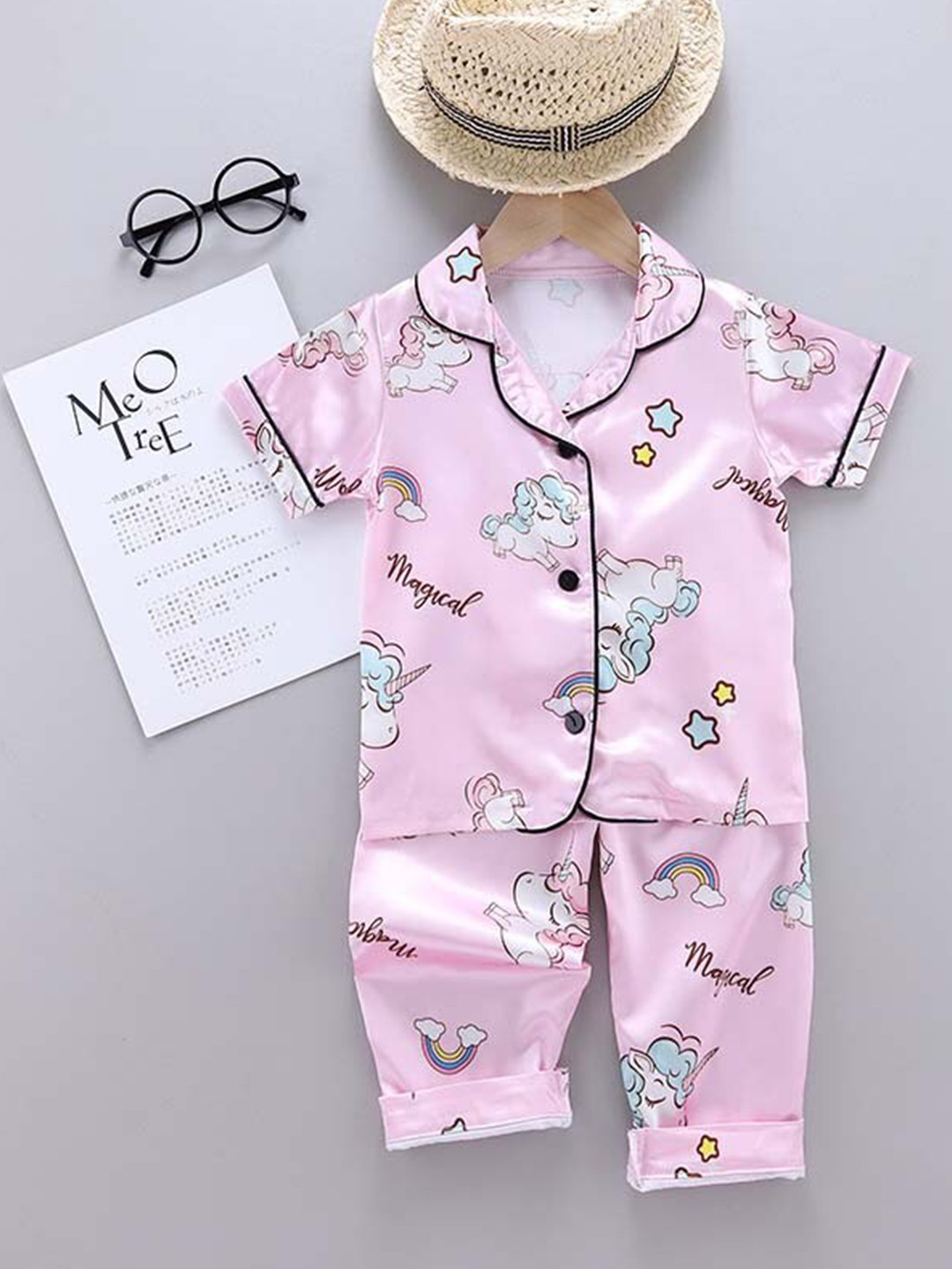 

bubble berry Girls Printed Satin Night Suit, Pink