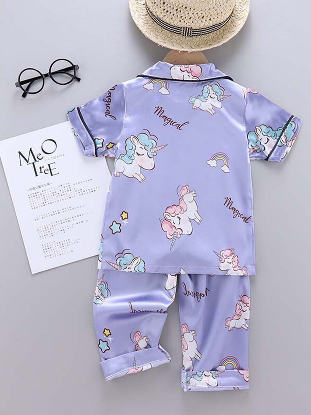 

bubble berry Girls Printed Satin Shirt With Pyjamas, Purple