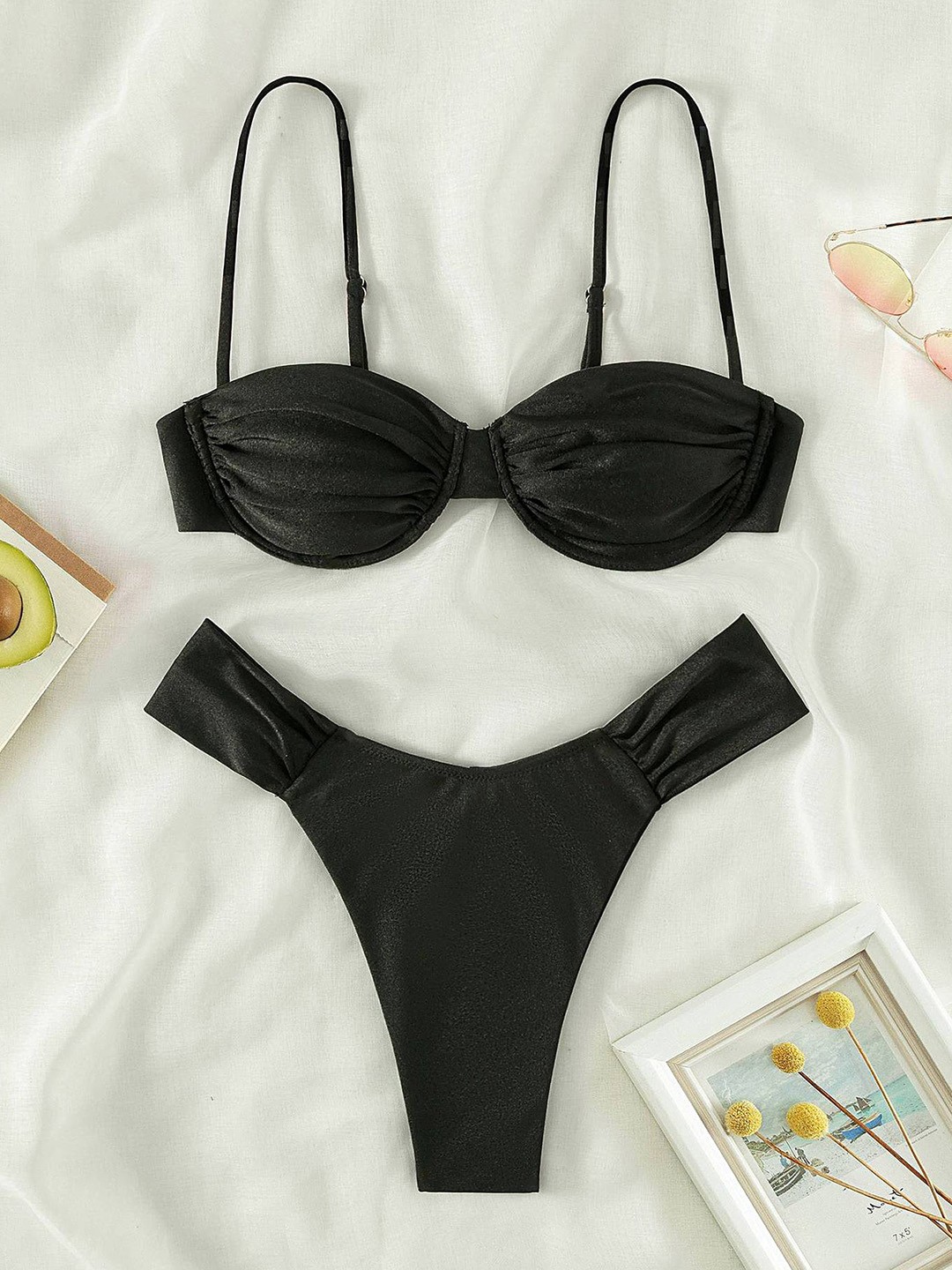 

LULU & SKY Two Piece Swim Bikini & Shoulder Straps Bra, Black
