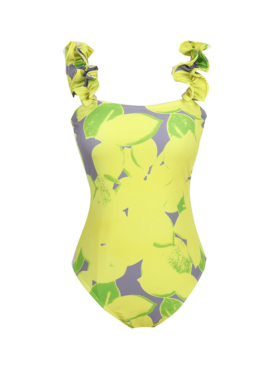 

LULU & SKY Tropical Printed Slim Fit Ruffled-Straps Bodysuit, Yellow