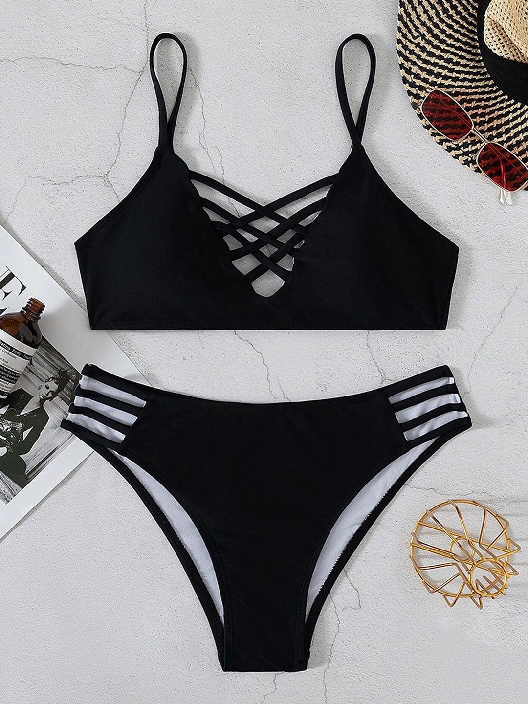 

LULU & SKY Shoulder Straps Swim Bikini Set, Black