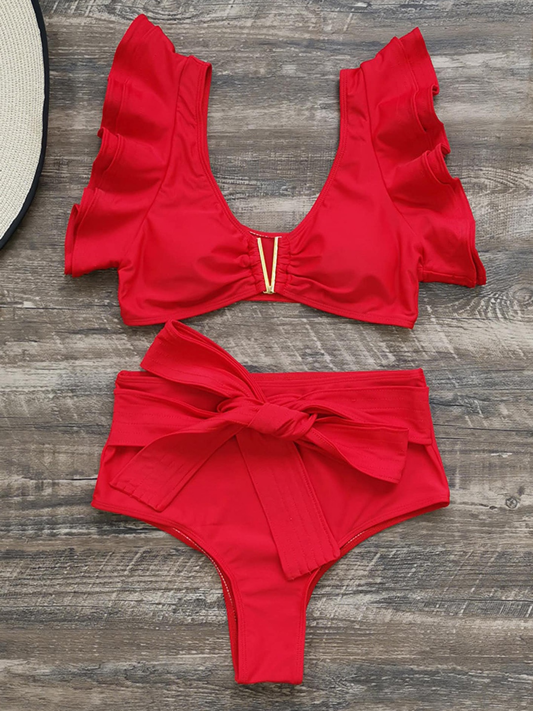 

LULU & SKY Medium Coverage Sleeveless Ruffled Bikini Swim Set, Red