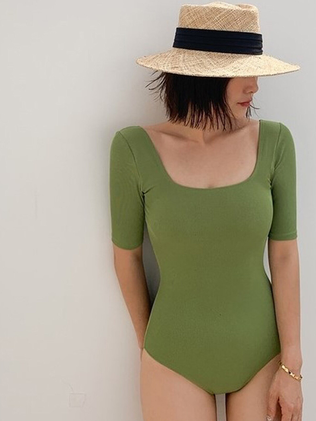 

LULU & SKY Square Neck Bodysuit Swimwear, Green