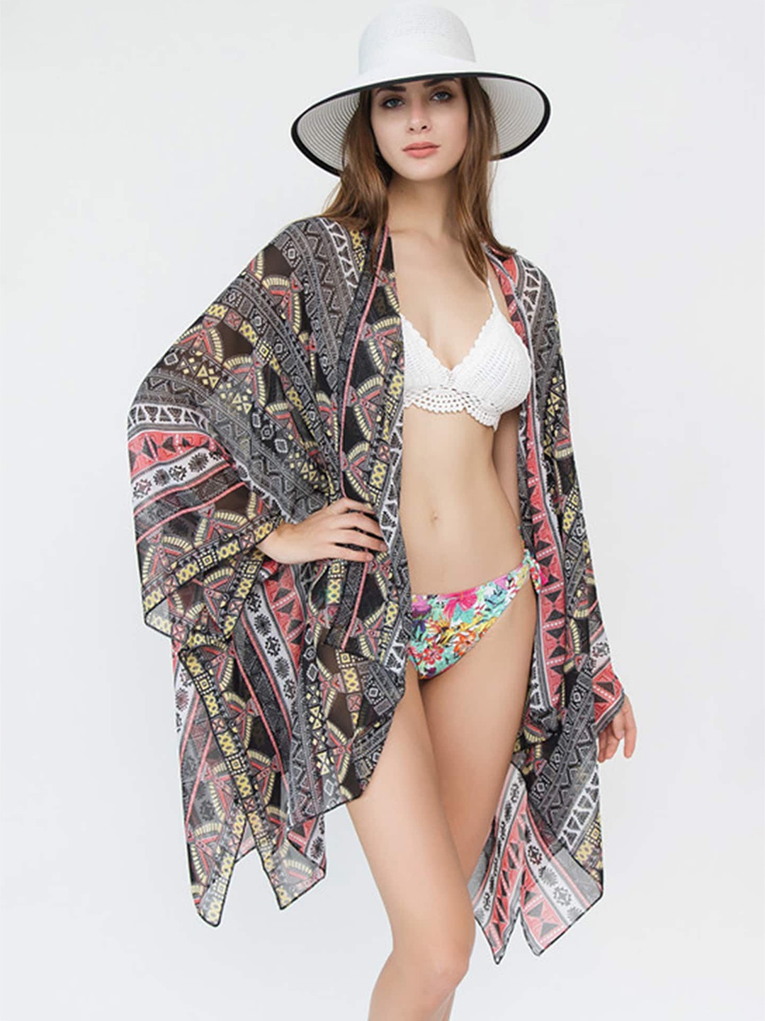 

LULU & SKY Geometric Printed Beach Cover Up Shrug, Black