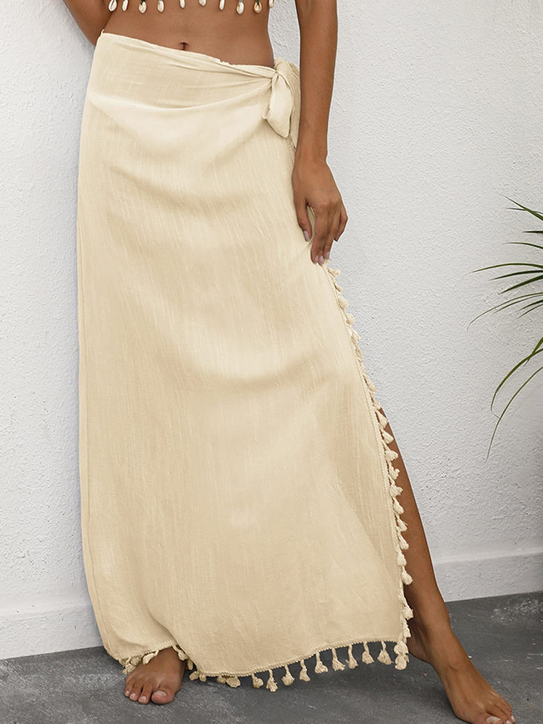 

LULU & SKY Tassel Trim Maxi Cover Up Sarong, Beige